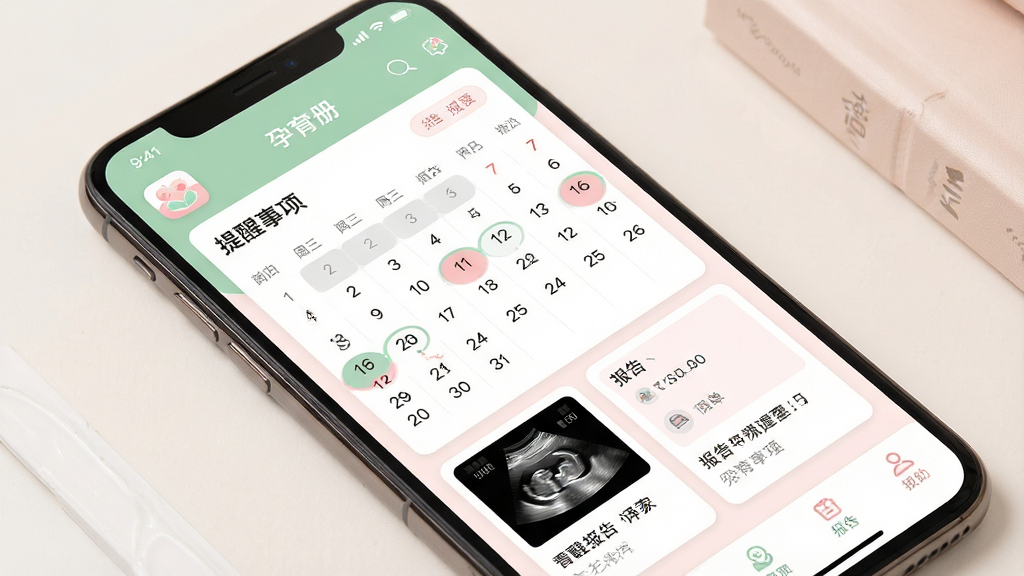 一张孕育册应用场景图,画面主体为手机屏幕显示产检提醒日历和报告管理页面,包含提醒事项列表和B超单缩略图,布局为手机倾斜展示,风格为温馨医疗类APP界面,细节包括柔和的绿色和粉色搭配、清晰的日历标记和整齐的报告卡片,画质高清,画面干净,屏幕顶部显示“孕育册”应用图标