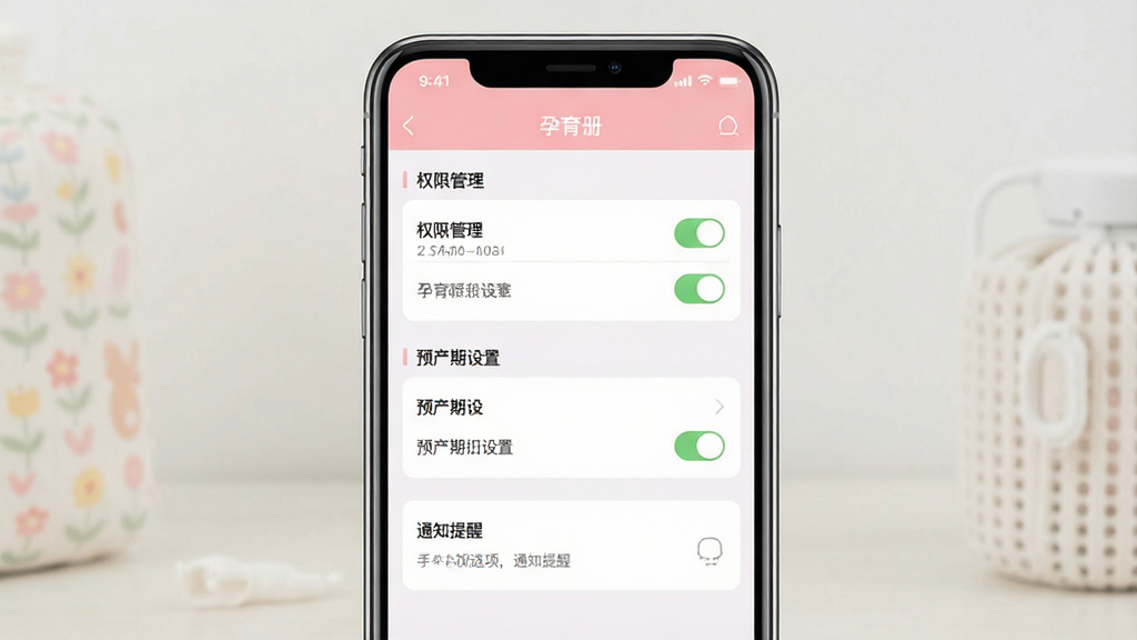 一张孕育册移动端操作示意图,画面主体为手机屏幕显示孕育册设置页面,包含权限管理、预产期设置和通知提醒选项,布局为手机正面展示,风格为简洁实用的APP设置界面,细节包括清晰的开关按钮、分类明确的设置项和柔和的粉色主题,画质高清,画面干净,屏幕顶部显示“孕育册”应用名称