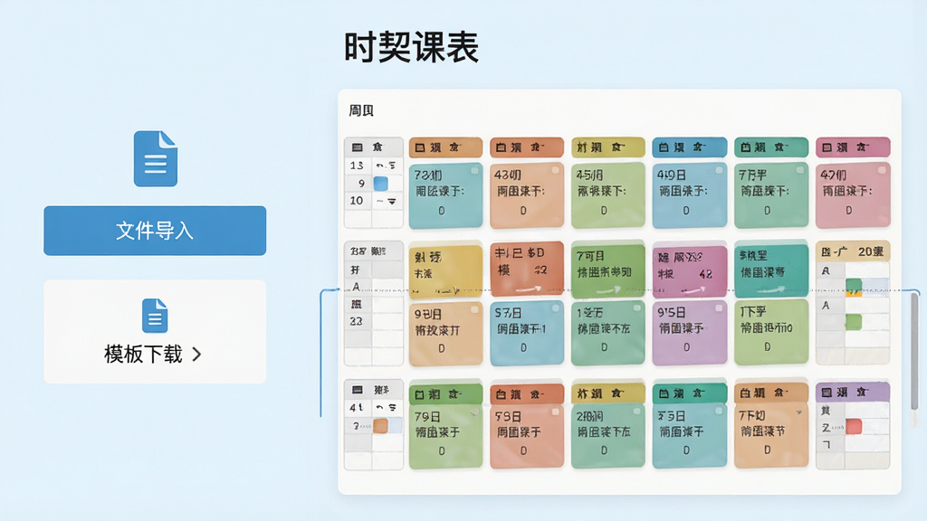 一张展示时契课表批量导入功能的界面截图风格图片,画面左侧是文件导入按钮和模板下载入口,右侧是导入后自动生成的彩色周课表,课程卡片排列整齐,顶部有