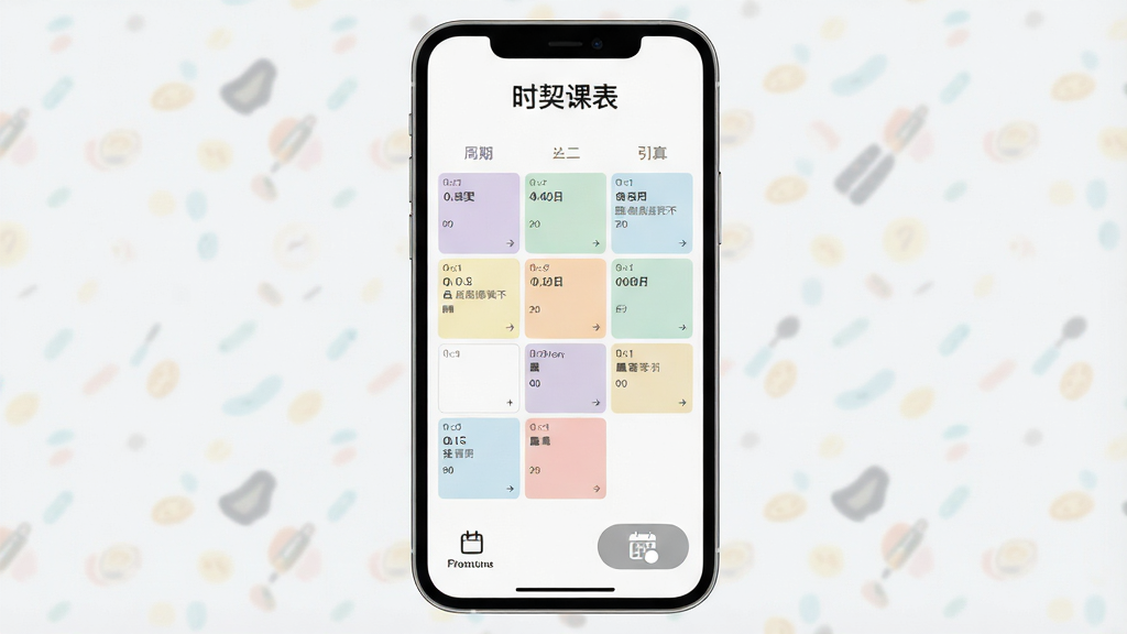 一张手机屏幕展示时契课表应用主界面的图片,画面中央是色彩柔和的周课表网格,每个课程卡片带有不同的浅色背景,顶部显示