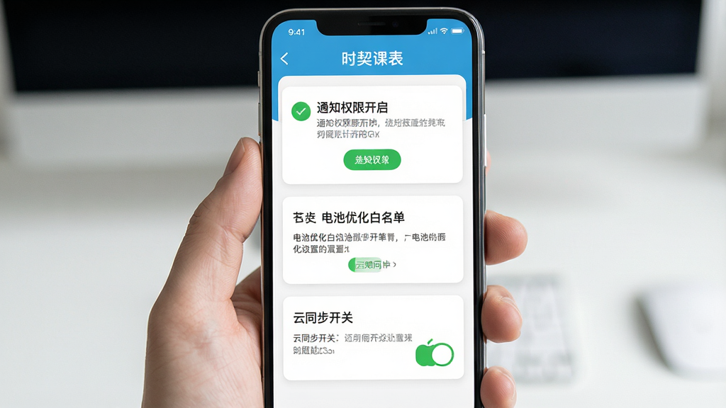 一张展示时契课表新手设置引导界面的图片,画面中手机屏幕显示通知权限开启提示、电池优化白名单设置和云同步开关三个步骤卡片,顶部有