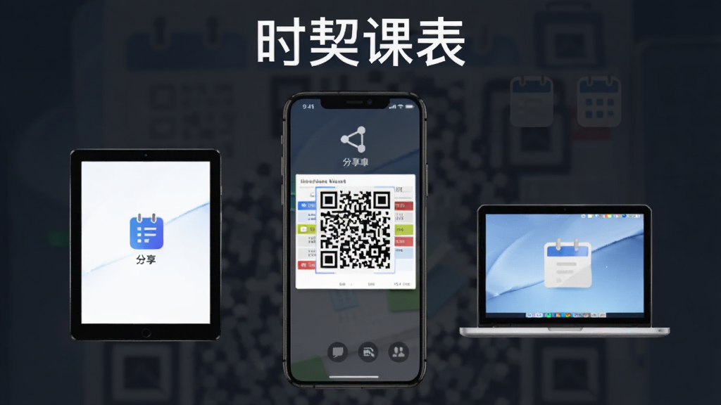 一张展示时契课表分享与同步功能的图片,画面中央是手机屏幕显示分享二维码和课表预览图,周围环绕平板和笔记本电脑图标表示多设备同步,顶部有