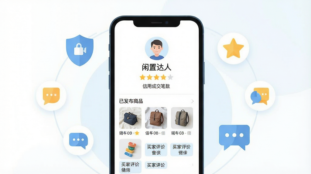闲置二手转手个人主页与信用展示界面,画面中央为手机屏幕,屏幕内显示用户头像、昵称“闲置达人”以及信用星级和成交笔数。头像下方排列着已发布商品的小图列表和买家评价标签。手机周围环绕着盾牌、星星、对话气泡等象征信用与沟通的扁平化图标。整体风格清新简约,以白色和淡蓝色为主,布局居中对称。画质清晰,画面干净无多余元素。