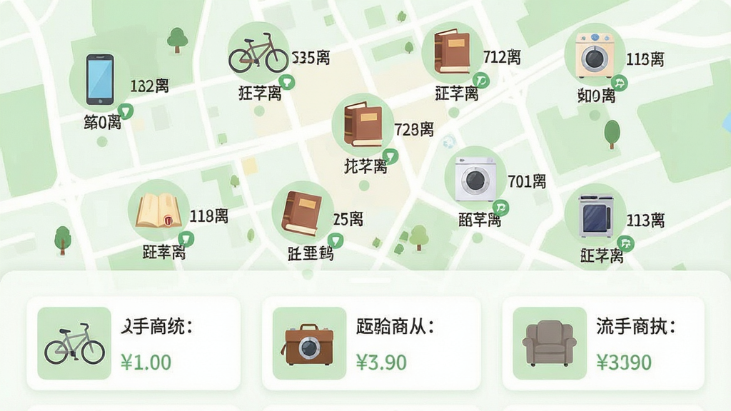 闲置二手转手附近推荐功能展示,画面以一张城市地图为背景,地图上散布着多个二手物品图标,包括手机、自行车、书籍、小家电等,每个图标旁标注距离数值。地图下方呈现卡片式商品列表,卡片内展示物品缩略图、名称与价格。整体采用浅色系扁平化插画风格,布局上地图占上半部分、列表占下半部分,色调以浅绿和白色为主。画质干净清晰,无杂乱装饰元素。