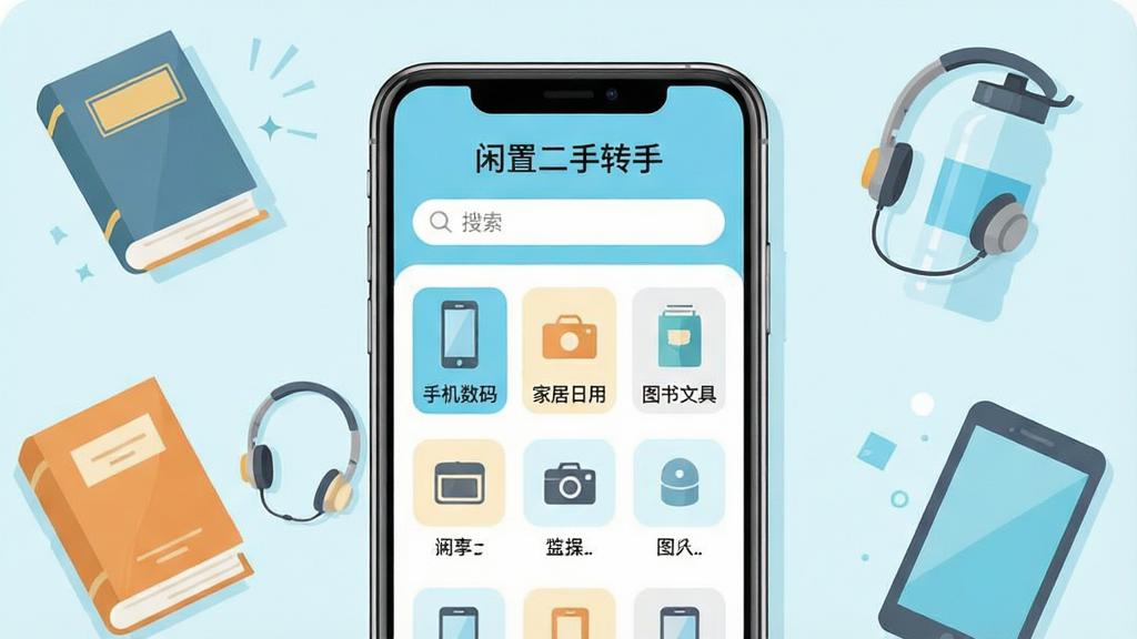 闲置二手转手应用主界面展示,画面中央是一部智能手机,屏幕上清晰显示应用名称“闲置二手转手”以及分类导航栏,包含手机数码、家居日用、图书文具等图标。手机两侧散落着二手书籍、耳机、水杯等闲置物品的扁平化插画。整体采用清新浅蓝与白色搭配的扁平化设计风格,布局简洁对称,细节上突出分类标签与搜索框位置。画质清晰明亮,画面干净无多余元素,适合作为软件下载站配图。