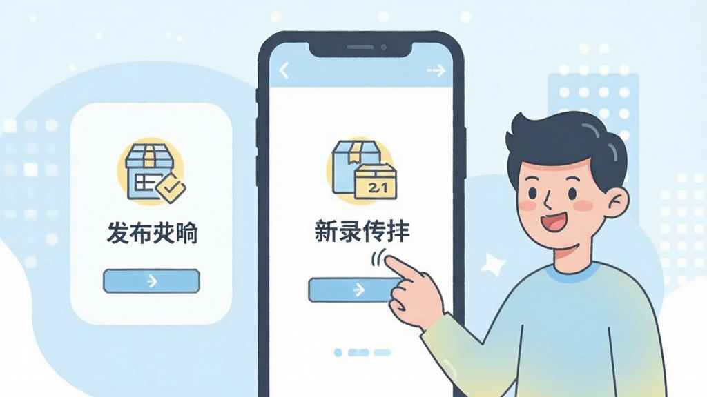 闲置二手转手新手操作指引插图,画面以手机屏幕为载体,分步骤展示从注册登录到发布商品的流程,每一步配有小图标和简短文字说明。手机旁有一位卡通人物正在点击屏幕,表情轻松愉快。整体风格为扁平化矢量插画,色调以浅蓝、白色和淡黄色为主,布局清晰有序。画质干净明亮,无多余装饰元素。