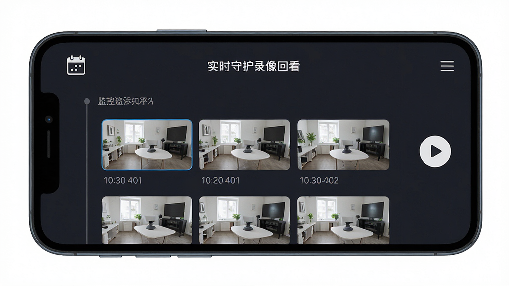 手机监控实时守护录像回看界面展示,手机屏幕中显示按时间轴排列的录像片段列表,缩略图清晰可见,界面带有日历图标和播放按钮,背景是深色系的监控软件界面风格,整体布局整洁有序,文字清晰可读,画质高清,无多余元素