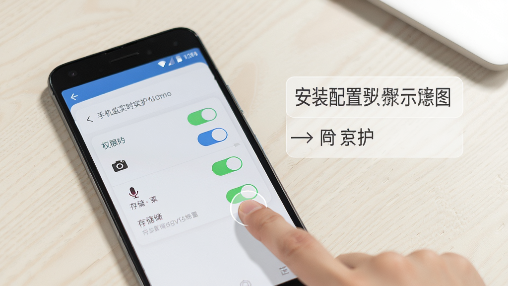 手机监控实时守护安装配置步骤示意图,画面中一部安卓手机正在展示权限设置页面,屏幕上有摄像头、麦克风、存储等权限开关,旁边有手指点击的示意,背景是简洁的浅色桌面,整体风格教程化,信息清晰,画质高清,无多余元素