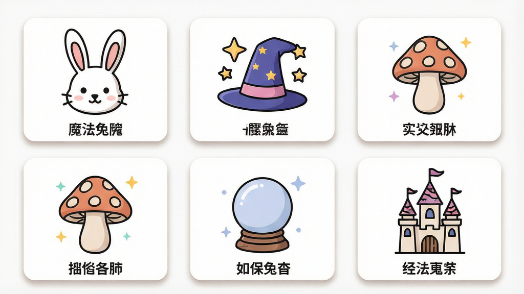 一张“魔法兔”应用素材库预览图,主体为六宫格排列的魔法主题线稿缩略图,包含兔子、魔法帽、星星、蘑菇、水晶球、小城堡;布局为两行三列卡片式排布,每张卡片下方带有简短标签;排版整齐,卡片间距均匀;风格为扁平清新插画风,细节上卡片带有轻微圆角和浅色投影,画质清晰,干净,无多余元素