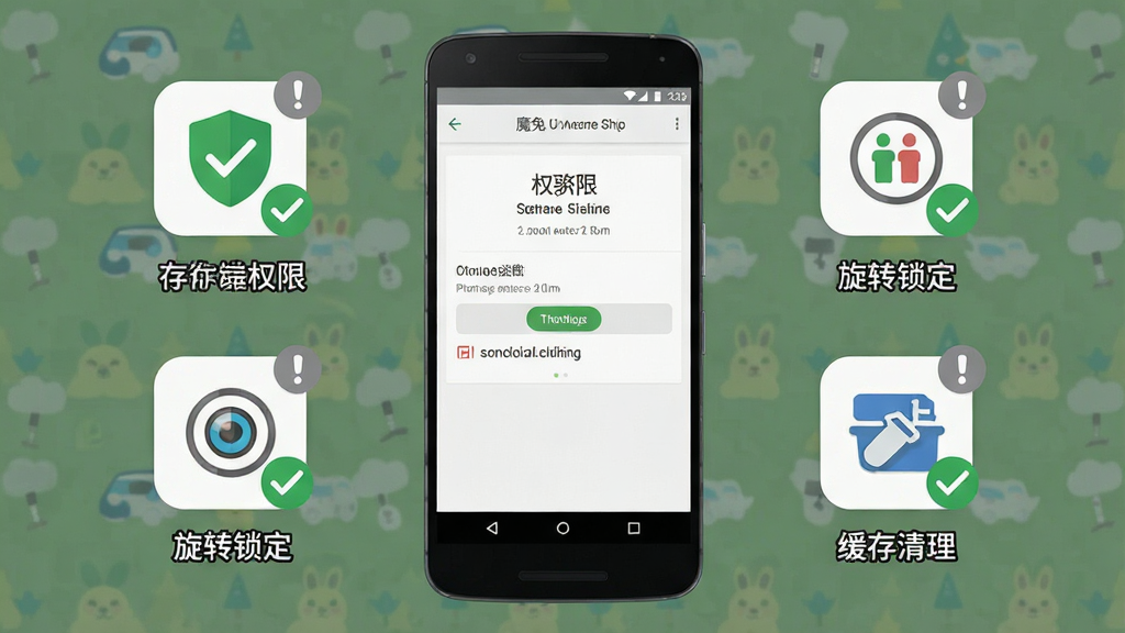 一张“魔法兔”新手安装设置示意图,主体是一部安卓手机,屏幕显示权限设置页面,旁边有存储权限、旋转锁定、缓存清理三个图标;布局为手机居中,图标围绕手机排列;排版清晰,每个图标下方有简短标签;风格为简洁扁平信息图,细节包括绿色对勾和灰色提示符号,画质高清,干净,无多余元素