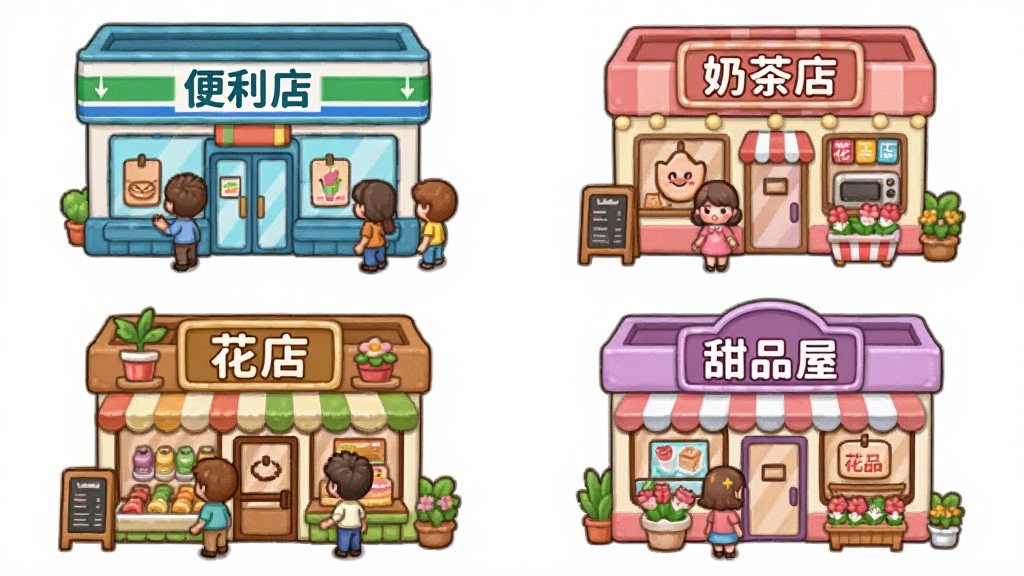 一幅展示多种店铺类型的游戏场景图,画面采用网格布局同时呈现四个风格各异的小店门面,分别是便利店、奶茶店、花店和甜品屋,每个店铺都有独特的招牌配色和装饰细节,店门口有卡通顾客进出,画面整体为明快活泼的卡通风格,色彩丰富但搭配协调,布局整齐有序,细节精致,画质清晰,图中各店铺招牌分别写有“便利店”“奶茶店”“花店”“甜品屋”,整体干净无杂乱元素。