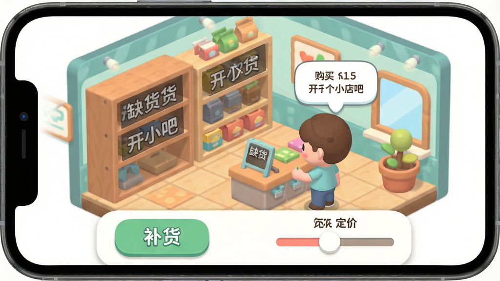 一张模拟经营游戏操作界面截图,画面展示手机屏幕中一家小店的内部场景,货架上部分商品显示缺货状态,屏幕下方有补货按钮和定价滑块,一位卡通顾客头顶显示购买意向气泡,整体界面采用圆角卡片式设计,配色清新柔和,布局简洁明了,画面风格为扁平化卡通插画,干净无多余装饰元素,画质高清,图中带有“开个小店吧”游戏标识。