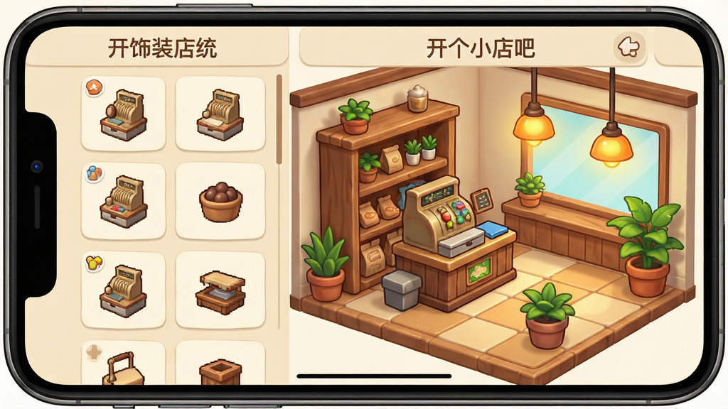 一张展示店铺装饰系统的游戏截图,画面中手机屏幕显示店铺装修界面,左侧为装饰物品分类列表,右侧为店铺预览区域,店铺内摆放着复古收银台、木质货架、绿植盆栽和暖色吊灯,整体风格温馨复古,界面采用浅色系配色,布局清晰,画面为卡通插画风格,细节丰富但无多余杂乱元素,画质高清,图中带有“开个小店吧”字样。