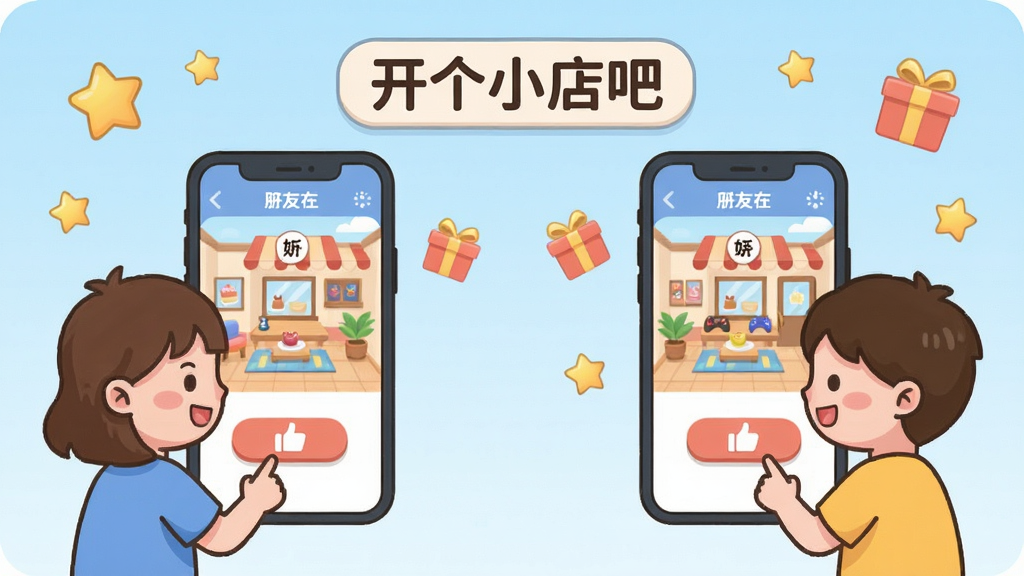 一幅表现游戏社交功能的插画,画面展示两位卡通玩家正通过手机互相拜访对方的虚拟店铺,屏幕中显示好友店铺内部场景和点赞按钮,背景为淡蓝色渐变,点缀着星星和礼物盒图标,整体风格清新可爱,布局左右对称,画面干净整洁,画质清晰,图中带有“开个小店吧”文字标识。