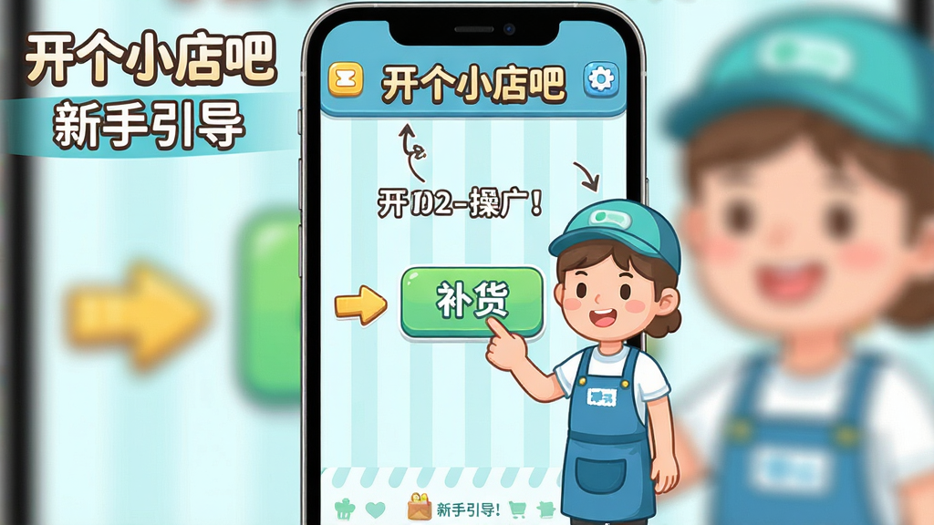 一幅面向新手玩家的游戏引导示意图,画面采用手机屏幕竖版构图,展示开个小店吧游戏的新手引导界面,画面中一位卡通店员正指向屏幕上的补货按钮,旁边有箭头和文字说明标注操作步骤,整体采用明亮清新的配色方案,布局简洁直观,风格为扁平化卡通插画,细节清晰,画质干净,图中带有“开个小店吧”游戏名称和“新手引导”字样。