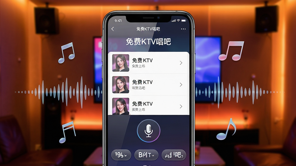一张展示手机K歌场景的图片,画面中央是一部智能手机,屏幕显示“免费KTV唱吧”应用界面,界面中有歌曲列表和麦克风图标,手机周围环绕着音符和声波元素,背景是温馨的室内KTV氛围灯光,布局简洁居中,风格现代科技感,细节包括屏幕反光和按钮质感,画质清晰干净,无多余元素