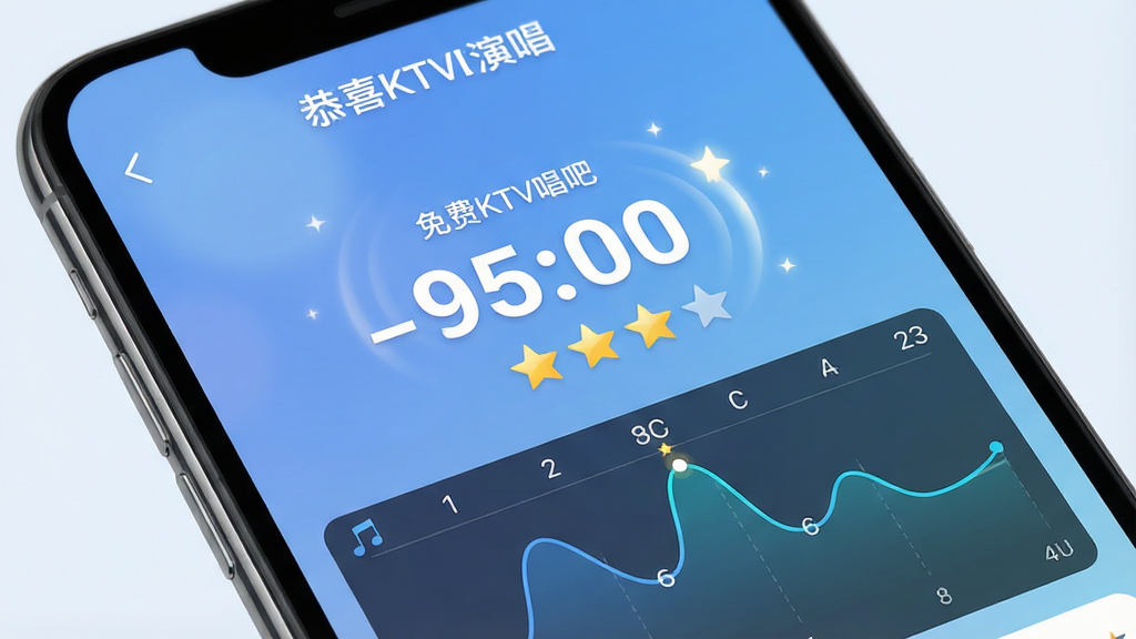 一张手机屏幕特写,显示“免费KTV唱吧”的演唱评分结果页面,画面中央有醒目的分数数字和星级评价,下方有逐句音准曲线图,屏幕上方有“恭喜完成演唱”字样,背景是柔和的渐变蓝色,布局上下结构清晰,风格简洁科技感,细节包括曲线图的波峰波谷和分数动画效果,画质清晰干净,无多余文字