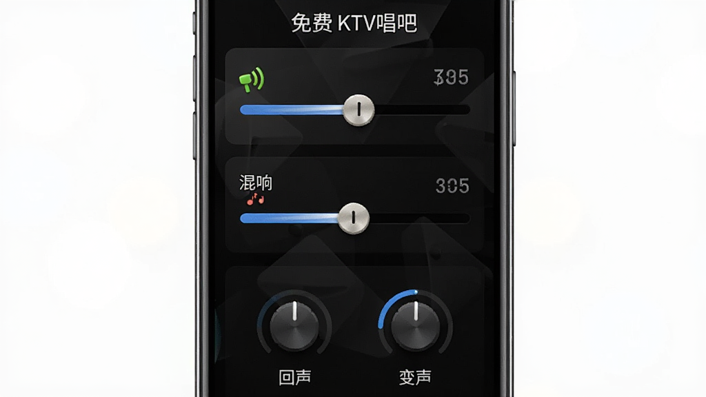 手机界面展示“免费KTV唱吧”的音效调节面板,画面中有多个滑块和旋钮图标,分别标注混响、回声、变声等选项,面板背景是半透明黑色,布局为竖向排列,风格现代简洁,细节包括滑块的高光质感和数值显示,画质清晰干净,无多余装饰元素