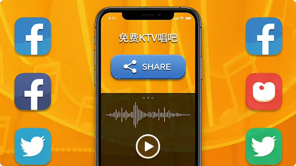 一部手机展示“免费KTV唱吧”的分享界面,画面中有分享按钮和社交平台图标,手机屏幕显示录音波形和播放按钮,背景是明亮的橙黄色调,布局居中对称,风格活泼明快,细节包括图标阴影和按钮按压效果,画质清晰干净,无多余元素