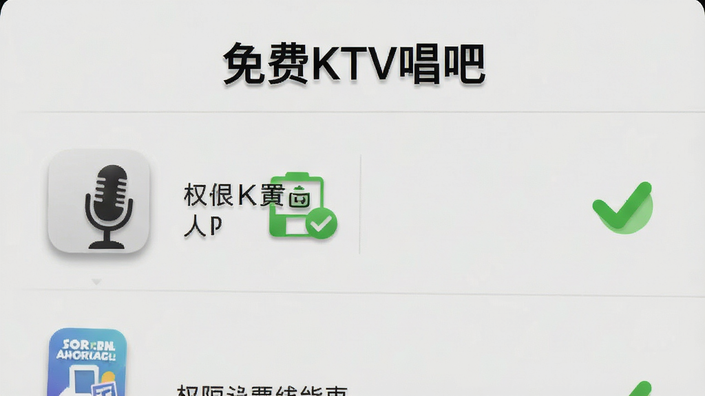 一张手机屏幕截图风格图片,展示“免费KTV唱吧”的权限设置引导页面,画面中有麦克风和存储图标,旁边有绿色对勾标记,背景是浅灰色,布局为列表形式,风格简洁明了,细节包括图标阴影和文字说明,画质清晰干净,无多余元素