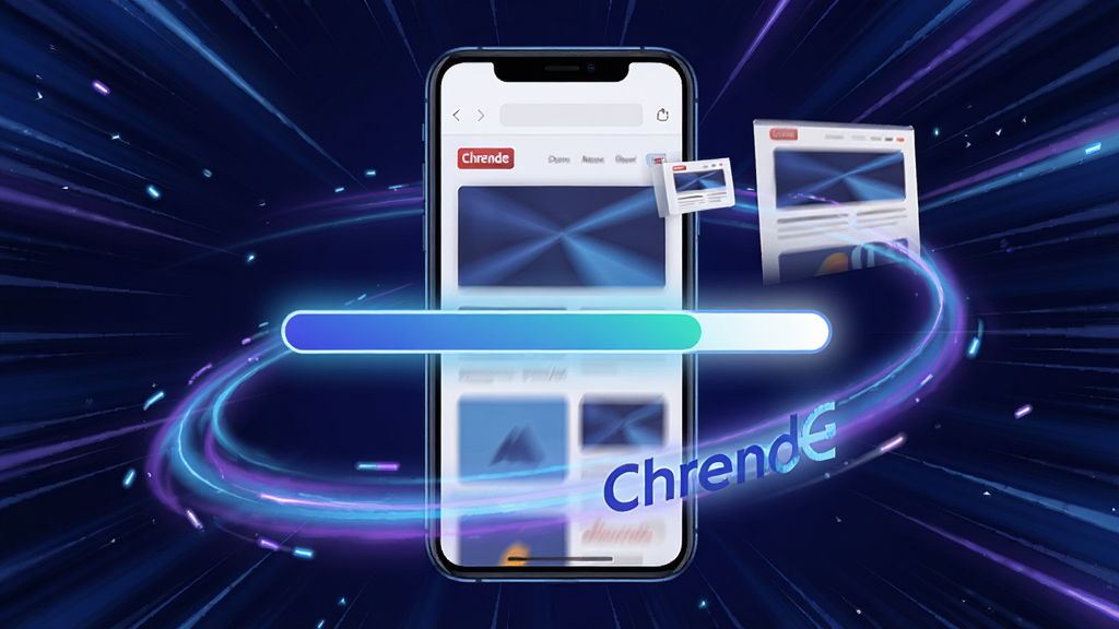一张表现Chrende浏览器极速加载能力的示意图,主体是手机屏幕中网页进度条瞬间拉满,布局为手机居中、周围环绕速度线,排版突出速度感,风格为动感科技风,细节包含蓝紫色光效、飞驰的线条、网页元素快速浮现,画质清晰,干净,无多余元素