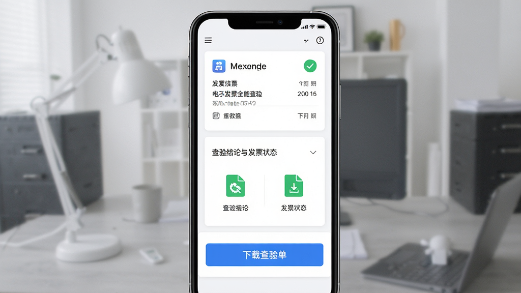 电子发票全能查验查验单下载界面,主体为手机屏幕展示查验结果页面,布局为上方显示发票基本信息卡片,中部为查验结论与发票状态标识,下方为“下载查验单”按钮,排版为纵向卡片式结构,风格为清爽简约商务风,细节包含绿色通过标识、文件下载图标、蓝色按钮,画质高清,干净,无多余元素