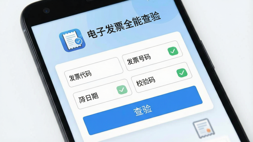 电子发票全能查验软件主界面展示,主体为一部安卓手机屏幕,屏幕中央显示电子发票查验输入框与查验按钮,布局为上下结构,上方为软件名称“电子发票全能查验”与logo图标,中部为发票代码、发票号码、开票日期、校验码四个输入框,下方为蓝色查验按钮,排版简洁清晰,风格为现代扁平化商务风,细节包含发票图标、对勾标识、淡蓝色渐变背景,画质高清,干净,无多余元素