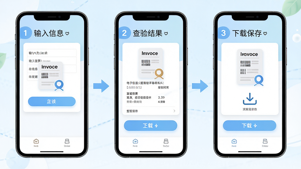 电子发票全能查验手机端操作步骤图解,主体为三部手机屏幕并排展示,布局为从左到右依次显示输入信息、查验结果、下载保存三个步骤,排版为横向流程图结构,风格为清新浅色教程风,细节包含步骤序号、箭头引导、发票图标、下载图标,画质高清,干净,无多余元素