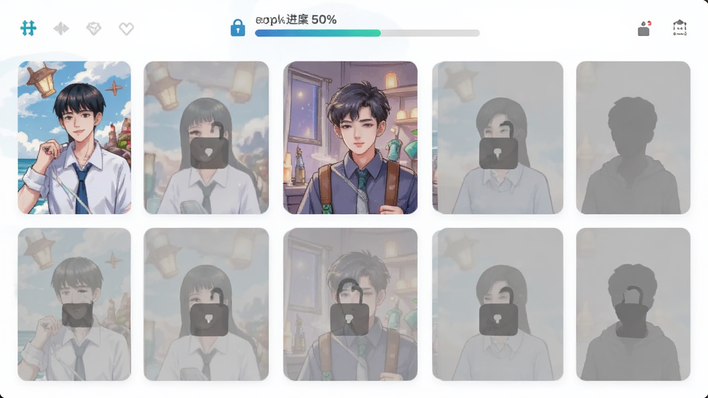 时空爱豆结局图鉴界面,画面以网格形式展示十二张结局卡片,部分已解锁显示彩色插画,部分未解锁显示灰色剪影,顶部有收集进度百分比,风格简约清新,细节清晰,画质高清,干净无多余元素