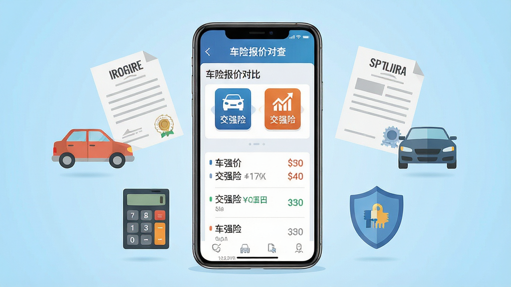 一张展示车主车险报价查手机应用界面的场景图,画面中央是一部竖屏智能手机,屏幕内显示车险报价对比列表和交强险商业险图标,手机周围环绕着汽车、保单、计算器、盾牌等扁平化元素,背景为浅蓝色渐变,整体布局居中对齐,风格简洁现代科技感,细节清晰,画质干净,无多余元素