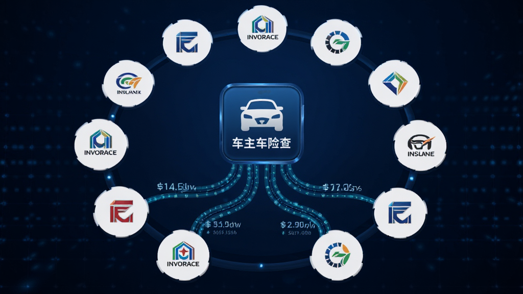 手机屏幕中显示多家保险公司logo排列成环形,中间是车主车险报价查的图标,下方有报价数据流动的线条连接到各logo,背景为深蓝色科技感网格,主体突出,布局对称,风格商务简约,细节精致,画质清晰,干净无杂乱元素