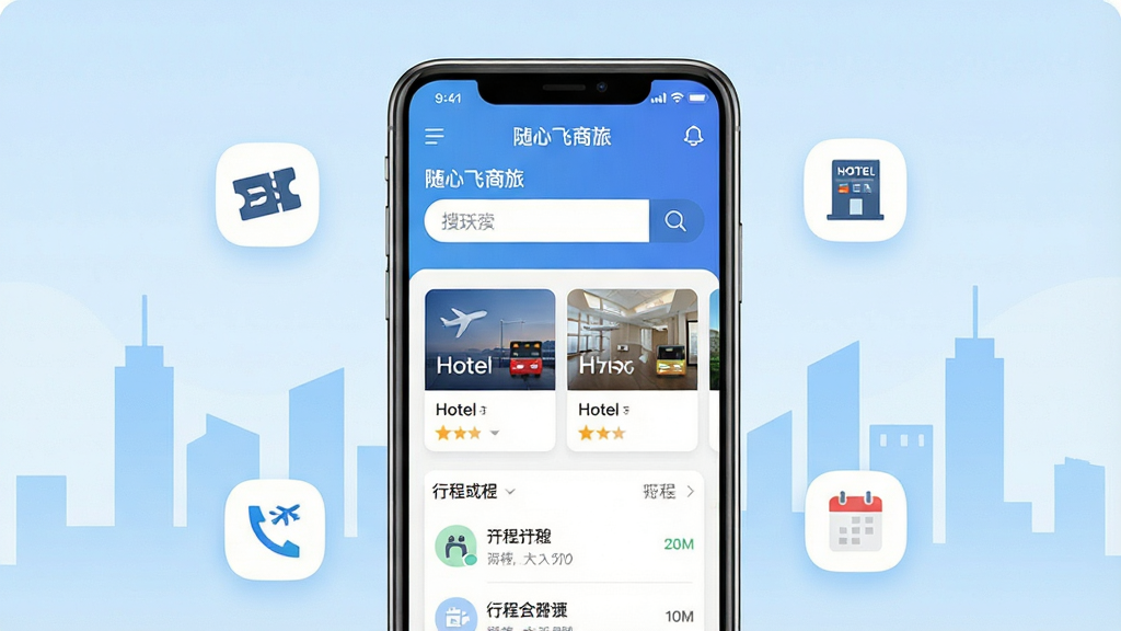 一张展示手机出行预订应用界面的图片,画面中央是一部现代智能手机,屏幕显示随心飞商旅APP首页,包含航班搜索框、酒店推荐卡片和行程列表,背景是浅蓝色渐变与简洁的城市天际线剪影,布局为居中手机展示加周围浮动图标元素,风格为扁平化科技感,细节包括机票图标、酒店图标、日历图标环绕手机,画质清晰,干净,无多余元素