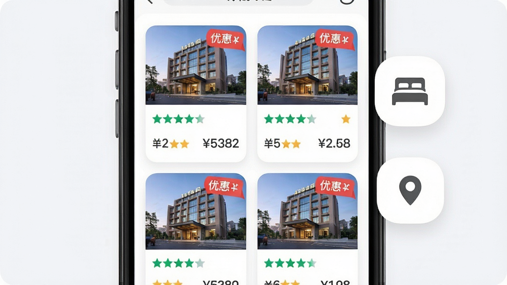 一张展示随心飞商旅酒店预订功能的图片,画面主体为手机屏幕显示酒店卡片列表,每张卡片包含酒店外观图、星级评分和价格,布局为手机居中、右侧浮动床铺图标与定位图标,风格为柔和圆角卡片设计,细节包括绿色评分星星和红色优惠标签,画质清晰,干净,无多余元素