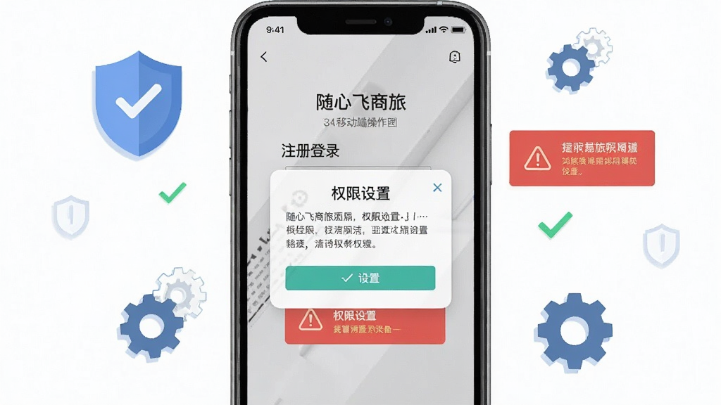 一张展示随心飞商旅移动端操作界面的图片,画面主体为手机屏幕显示注册登录页面与权限设置弹窗,布局为手机居中、周围浮动盾牌安全图标与齿轮设置图标,风格为扁平化安全主题,细节包括绿色勾选标记和红色警告提示框,画质清晰,干净,无多余元素
