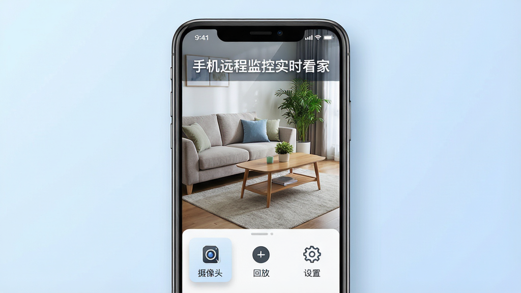 手机远程监控实时看家软件主界面展示,画面中央为手机屏幕显示客厅实时监控画面,画面中有沙发、茶几、绿植等家居元素,屏幕上方显示“手机远程监控实时看家”文字标识,下方排列着摄像头列表、回放、设置等功能图标,背景为柔和的浅蓝色渐变,整体布局清晰对称,风格为现代简约科技风,细节包括屏幕反光、图标阴影、状态栏时间显示,画质高清,干净无多余元素