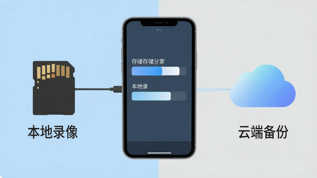 手机远程监控实时看家存储方案示意图,画面中央为一部手机,手机左侧连接SD卡图标代表本地存储,右侧连接云朵图标代表云端存储,两个图标下方分别显示“本地录像”与“云端备份”文字,背景为浅蓝色与浅灰色拼接,布局采用对称式,风格为扁平化图标设计风,细节包括SD卡金属触点、云朵柔和渐变、手机屏幕显示存储容量条,画质清晰,干净无多余元素