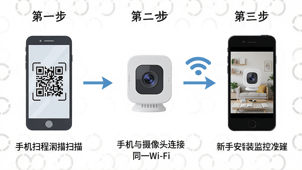 手机远程监控实时看家新手安装配置流程图,画面以步骤图形式展示,第一步手机扫描摄像头二维码,第二步手机与摄像头连接同一Wi-Fi,第三步手机屏幕显示监控画面,每步下方配有简要文字说明,背景为白色,布局采用横向三栏式,风格为扁平化信息图风,细节包括手机图标、摄像头图标、Wi-Fi图标、箭头连接线,画质清晰,干净无多余元素