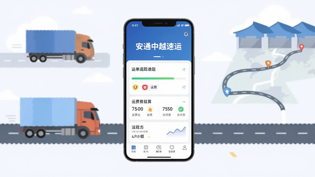主体为一部智能手机,屏幕显示“安通中越速运”应用界面,布局为手机居中放置,背景为简洁的物流运输场景,包含货车和路线图元素,排版为竖版海报风格,风格为现代扁平化设计,细节包含运单追踪进度条和运费估算模块,画质清晰,干净,无多余元素