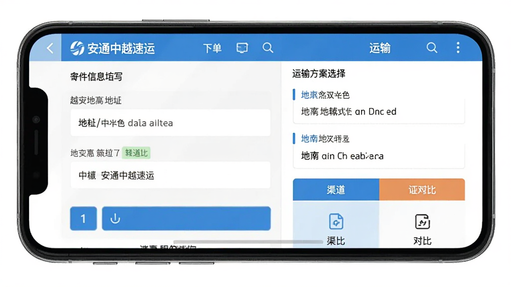 主体为手机屏幕展示“安通中越速运”下单页面,布局为左右分栏,左侧为寄件信息填写区,右侧为运输方案选择列表,排版为横版界面截图风格,风格为简洁商务风,细节包含中越双语地址输入框和渠道对比标签,画质清晰,干净,无多余元素
