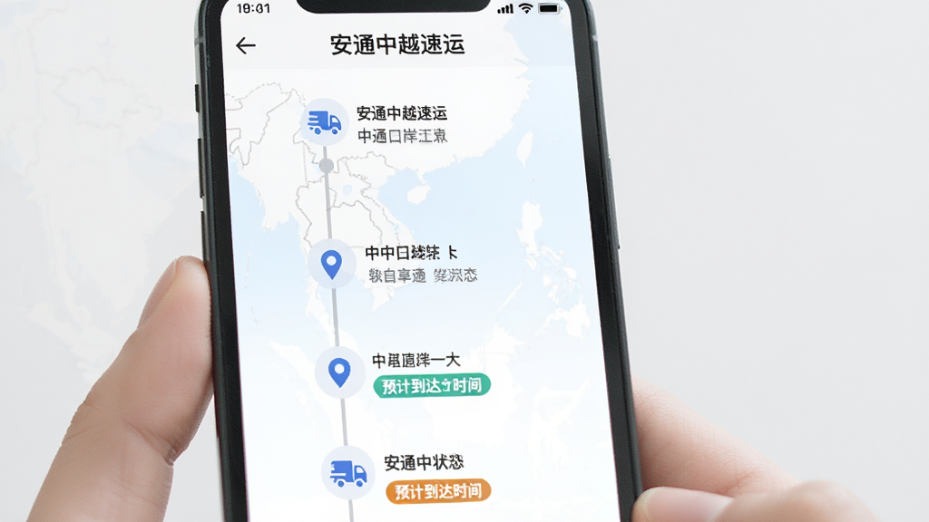 主体为手机屏幕展示“安通中越速运”运单追踪时间轴界面,布局为纵向时间线排列,每个节点配有图标和状态文字,排版为竖版手机截图风格,风格为清爽简约风,细节包含中越口岸地图标记和预计到达时间标签,画质清晰,干净,无多余元素