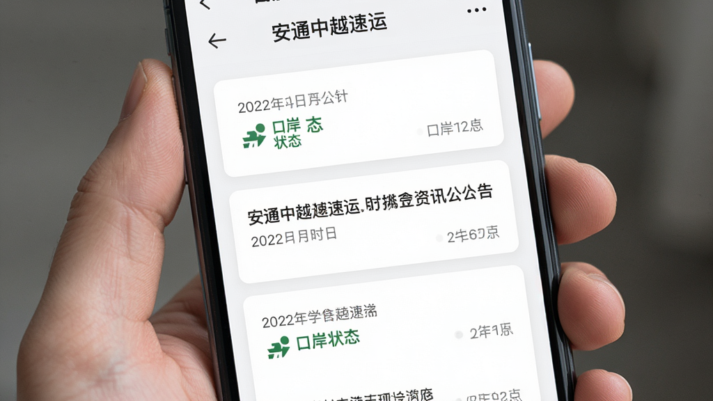 主体为手机屏幕展示“安通中越速运”资讯公告列表界面,布局为卡片式新闻流,排版为竖版信息流风格,风格为浅色阅读风,细节包含日期标签和口岸状态图标,画质清晰,干净,无多余元素