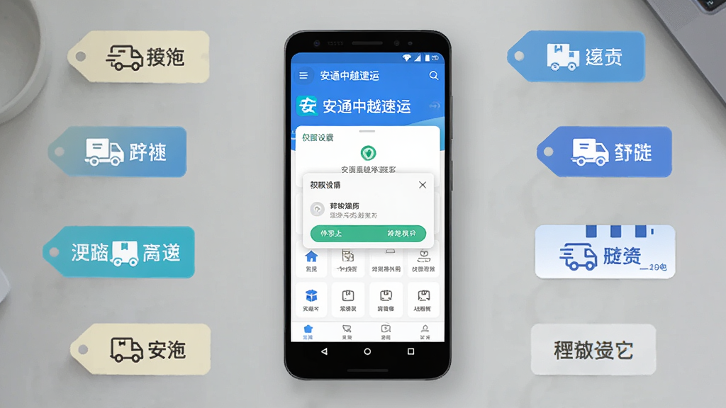 主体为一部安卓手机放置在桌面上,屏幕显示“安通中越速运”应用主界面,布局为手机居中,周围环绕物流标签和运单图标,排版为方形构图,风格为科技物流风,细节包含权限设置弹窗和网络状态图标,画质清晰,干净,无多余元素