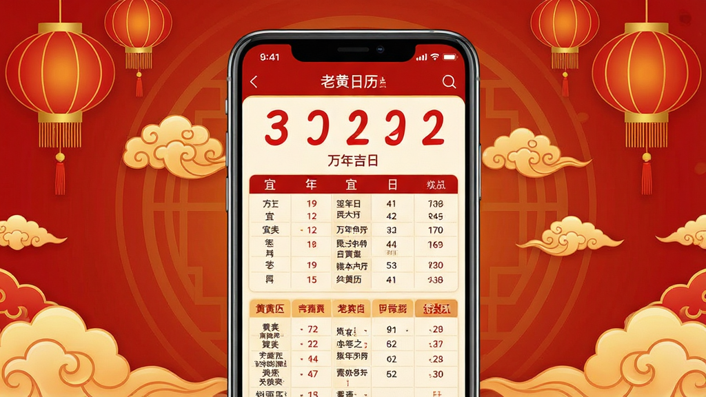 一张展示万年吉日老黄历手机应用界面的图片,画面中央是一部智能手机,屏幕显示黄历日历页面,上方有红色日期数字和宜忌事项,背景是温暖的中国红与金色调,周围点缀传统祥云纹样和灯笼元素,整体风格喜庆祥和,构图居中对称,画质清晰干净,无多余杂乱元素