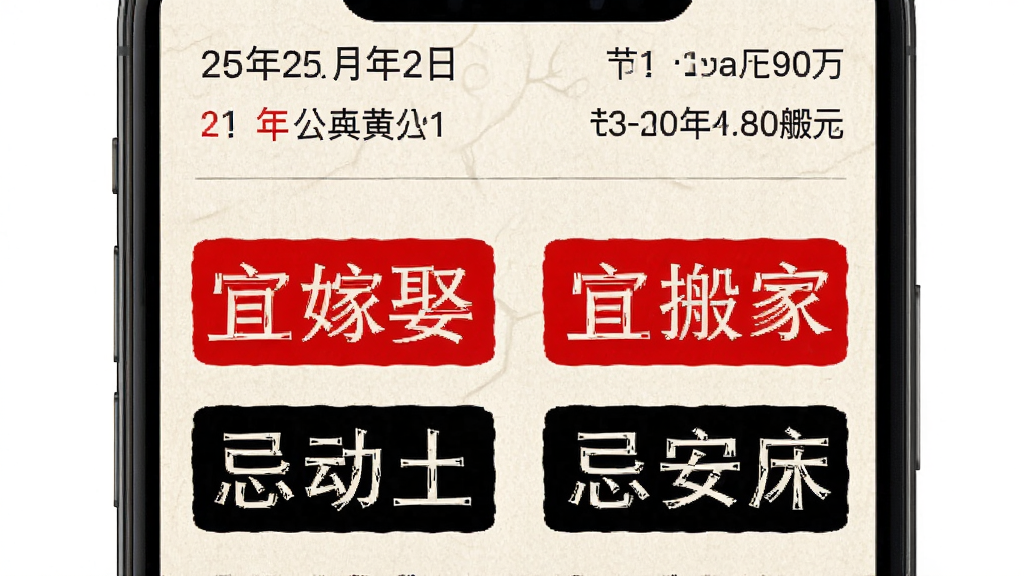 万年吉日老黄历应用截图,手机屏幕展示每日宜忌页面,红色标注宜嫁娶、宜搬家,黑色标注忌动土、忌安床,背景为米白色宣纸质感,顶部有农历日期和节气信息,整体布局清晰简洁,画质干净无多余装饰
