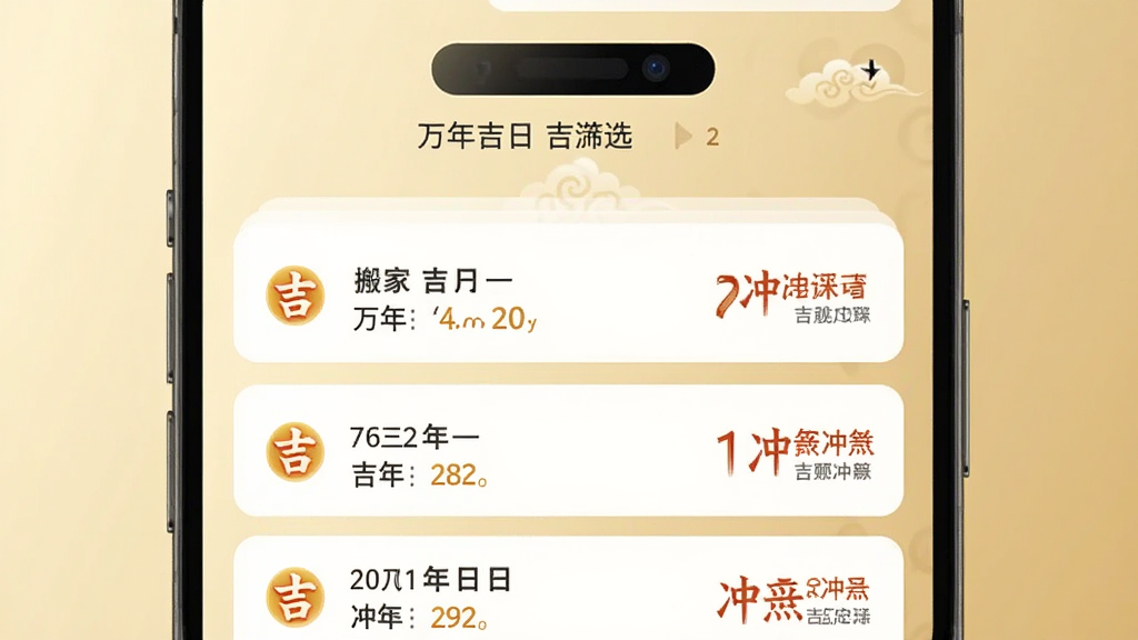 万年吉日老黄历吉日筛选功能界面,手机屏幕显示搬家吉日列表,每个日期旁有吉星图标和冲煞提示,背景为淡金色渐变,列表项采用卡片式设计,整体风格现代简约,画质高清,无杂乱元素