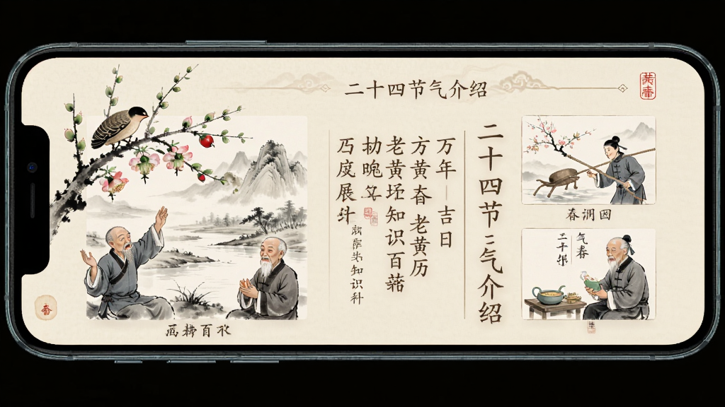 万年吉日老黄历知识百科页面,手机屏幕展示二十四节气介绍图文,配以精美的节气插画,如水墨风格的立春图,背景为淡雅米色,文字排版工整,整体风格文化气息浓厚,画质清晰干净