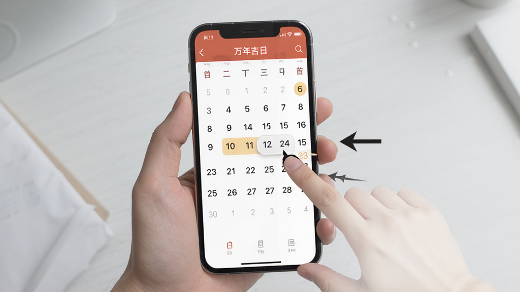 万年吉日老黄历手机端操作示意图,画面展示一只手拿着手机,屏幕显示日历页面,旁边有箭头标注滑动切换日期的手势,背景为简洁的浅灰色桌面,风格清爽直观,画质清晰,无多余元素