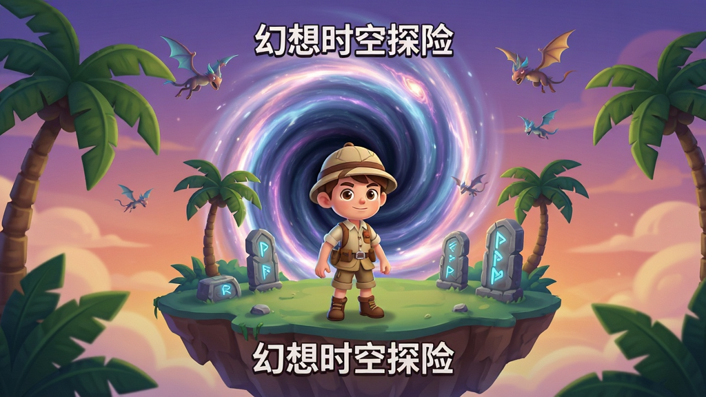 画面中央是一位身穿探险服的卡通少年站在漂浮的岛屿边缘,身后是巨大的时空漩涡,周围有热带棕榈树和发光的远古石碑,天空呈现黄昏紫橙色渐变,远处有飞行的奇幻生物,整体布局为竖版手机游戏封面构图,风格为清新卡通渲染,细节包括树叶纹理、石碑符文、漩涡光晕,画质高清,画面干净,无多余元素,图片中打文字“幻想时空探险”