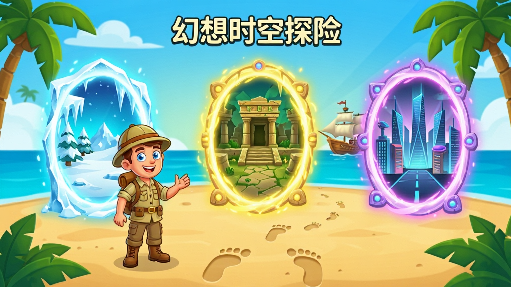 一位卡通探险家站在热带岛屿的沙滩上,面前是三个不同风格的传送门,分别通向冰雪世界、古代遗迹和未来都市,画面采用横版布局,风格为明亮卡通,细节包括传送门的光效、沙滩上的脚印、远处的帆船,画质清晰,画面干净,无多余元素,图片中打文字“幻想时空探险”