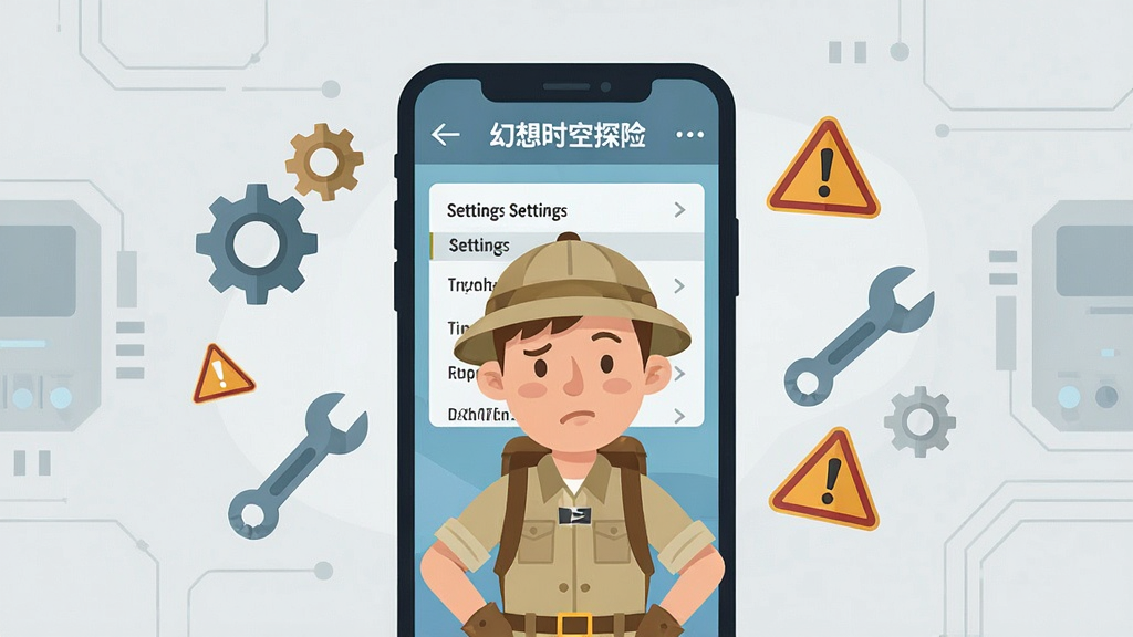 一位卡通探险家站在手机屏幕前,手机屏幕上显示游戏设置界面,周围漂浮着齿轮、扳手和警告图标,背景为浅灰色科技风格,布局为居中构图,风格为扁平化插画,细节包括设置选项的文字、探险家困惑的表情、漂浮的图标,画质清晰,画面干净,无多余元素,图片中打文字“幻想时空探险”